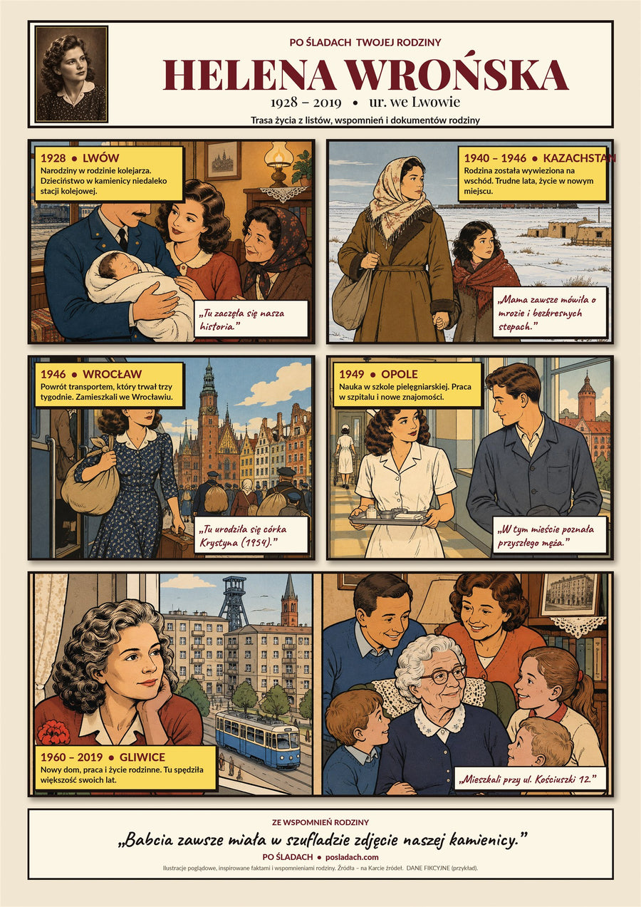 Przykładowy plakat Po śladach Twojej rodziny, styl komiksowy