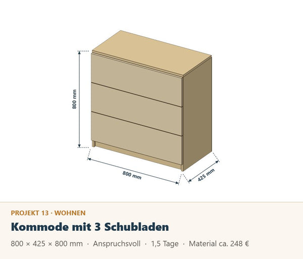 Kommode selber bauen: Bauplan mit 3 Schubladen auf Vollauszügen